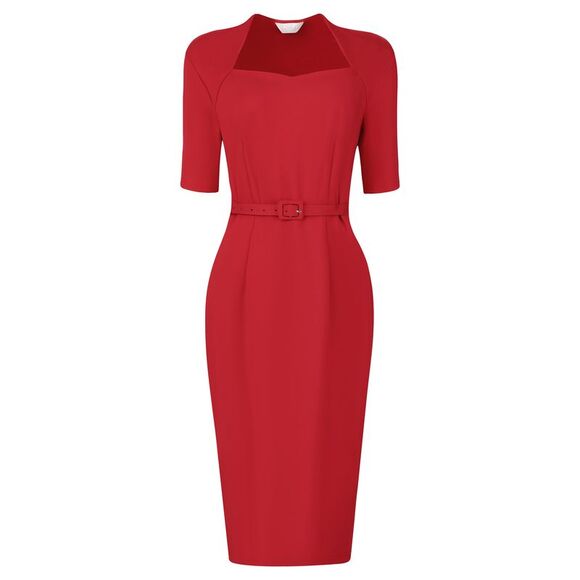 Women's Church Sheath Dresses with Belt Sweetheart Neck Formal Pencil Dress Red - Picture 1 of 6